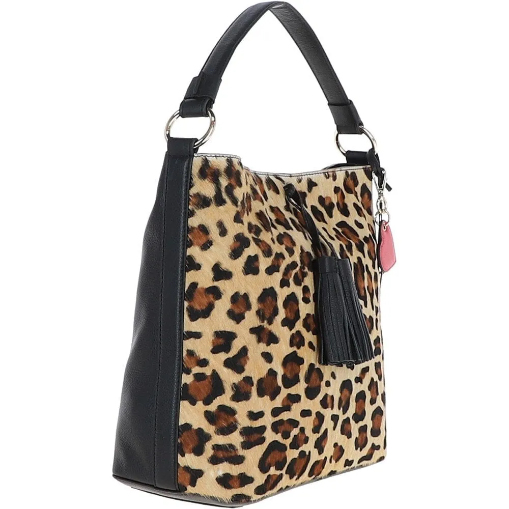 Ashwood Womens Leather Hobo Bag Black/leopard: J-10