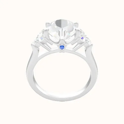 Cathedral Band with Round Sidestone Trio Engagement Ring With Crown Six Prong w. accent Diamond Head