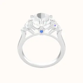 Cathedral Band with Round Sidestone Trio Engagement Ring With Crown Six Prong w. accent Diamond Head