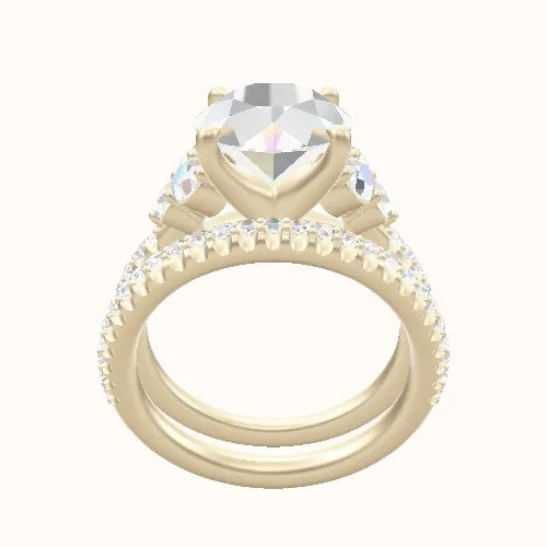 Cathedral Diamond Band with Round Sidestone Trio Engagement Ring With Four Prong Head and Matching Band