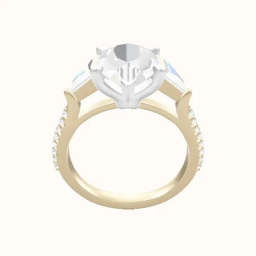 Cathedral Diamond Band with Trillion Sidestones Engagement Ring With Standard Four Prong Head