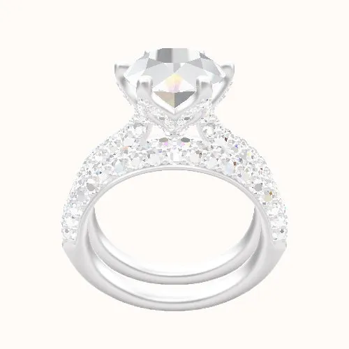 Cathedral Three Row Pave Engagement Ring With Pave Petal Six Prong Head and Matching Band