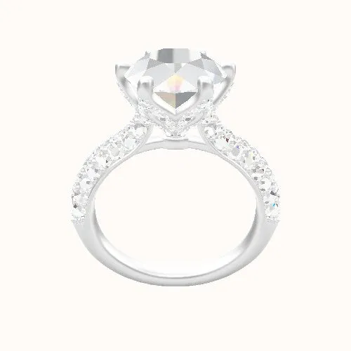 Cathedral Three Row Pave Engagement Ring With Pave Petal Six Prong Head