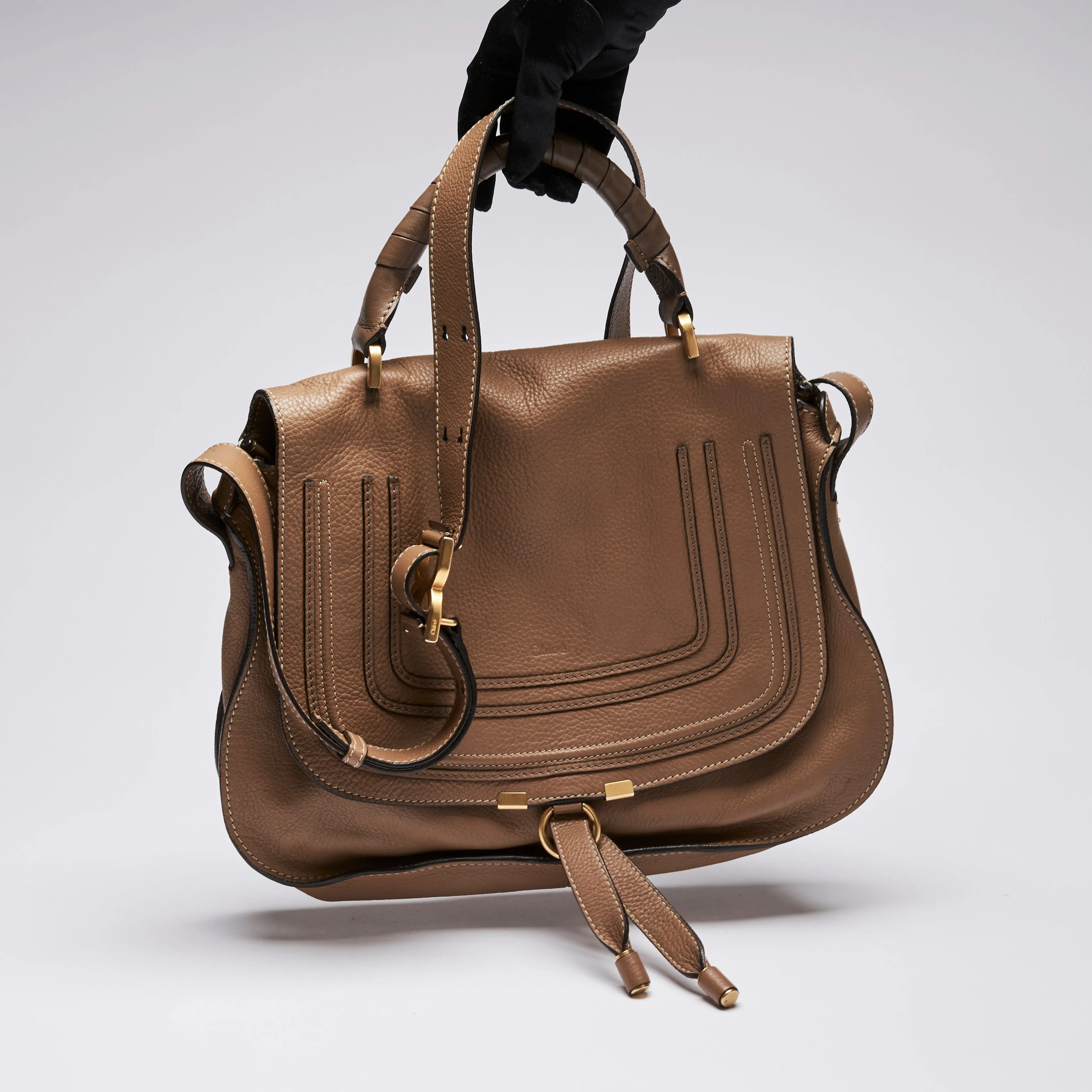 Chloe Dark Tan Grained Leather Marcie Shoulder Bag