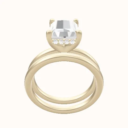 Classic Solitaire Engagement Ring With V Prong with Hidden Halo Head and Matching Band