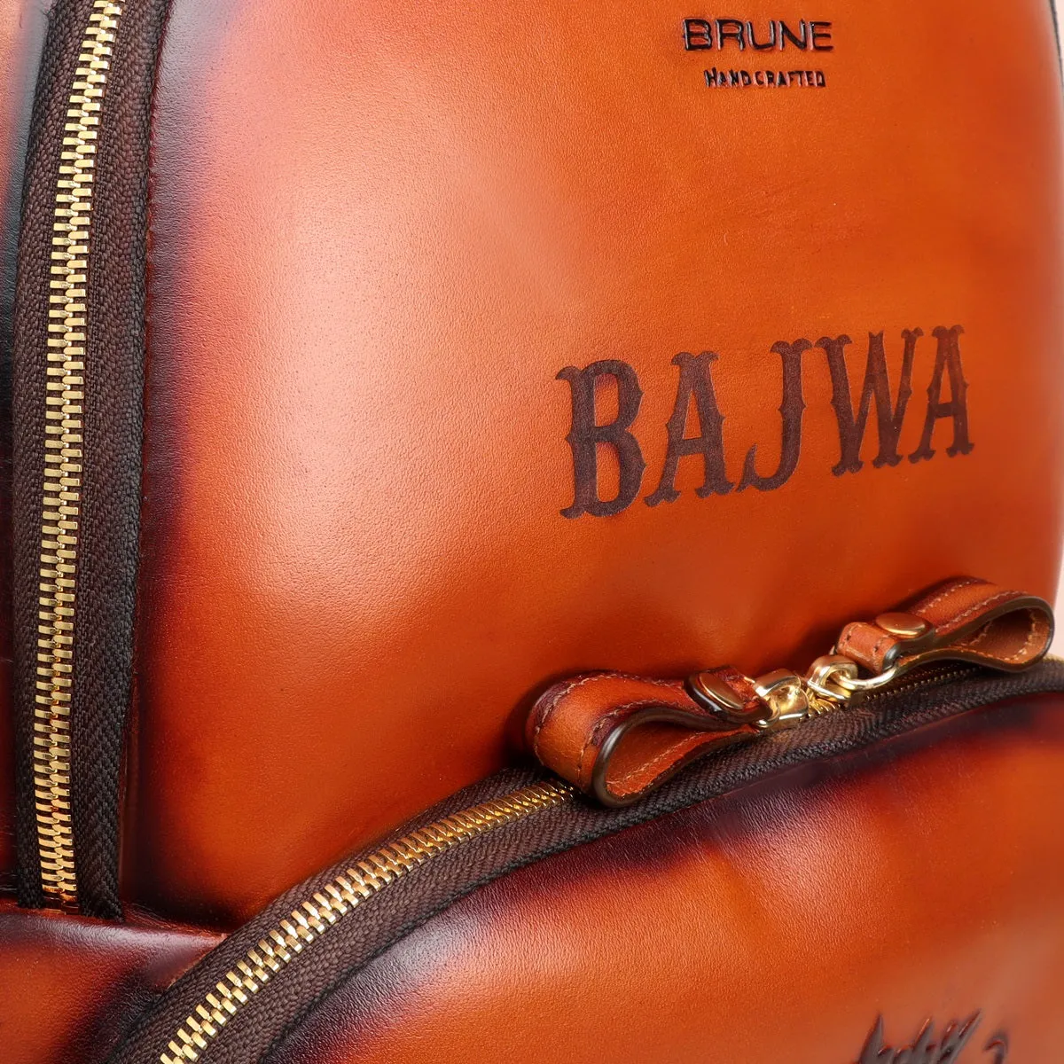 Customised Name Initials BAJWA & 09 Tan Leather Hand Painted Backpack  by Brune & Bareskin