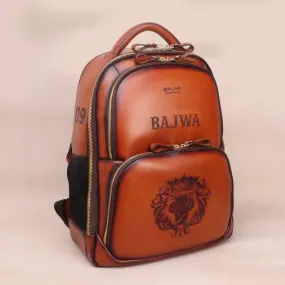 Customised Name Initials BAJWA & 09 Tan Leather Hand Painted Backpack  by Brune & Bareskin