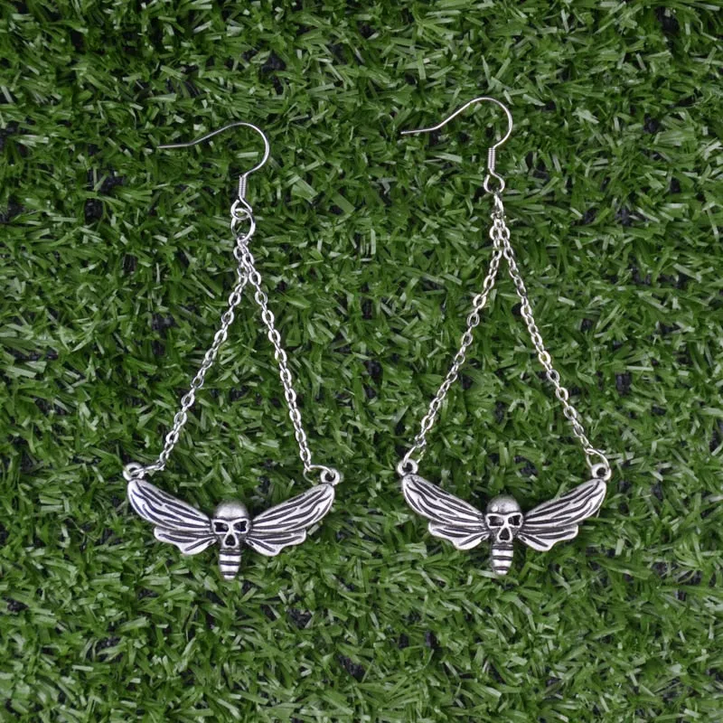 Death Head Skull Moth Butterfly Dangle Earrings