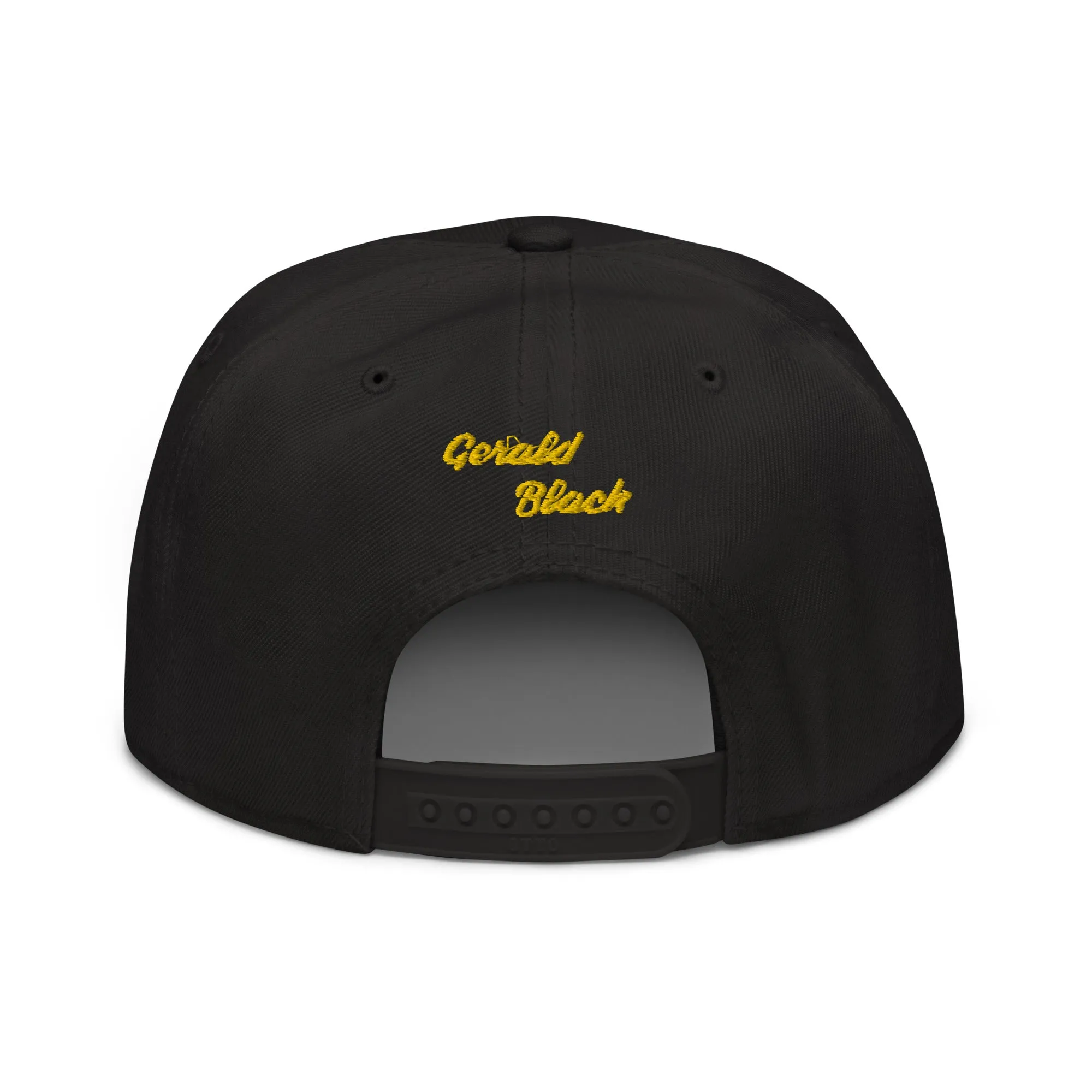 Gerald Black Snapback Unisex Hat with Flat Brim Yellow Trim