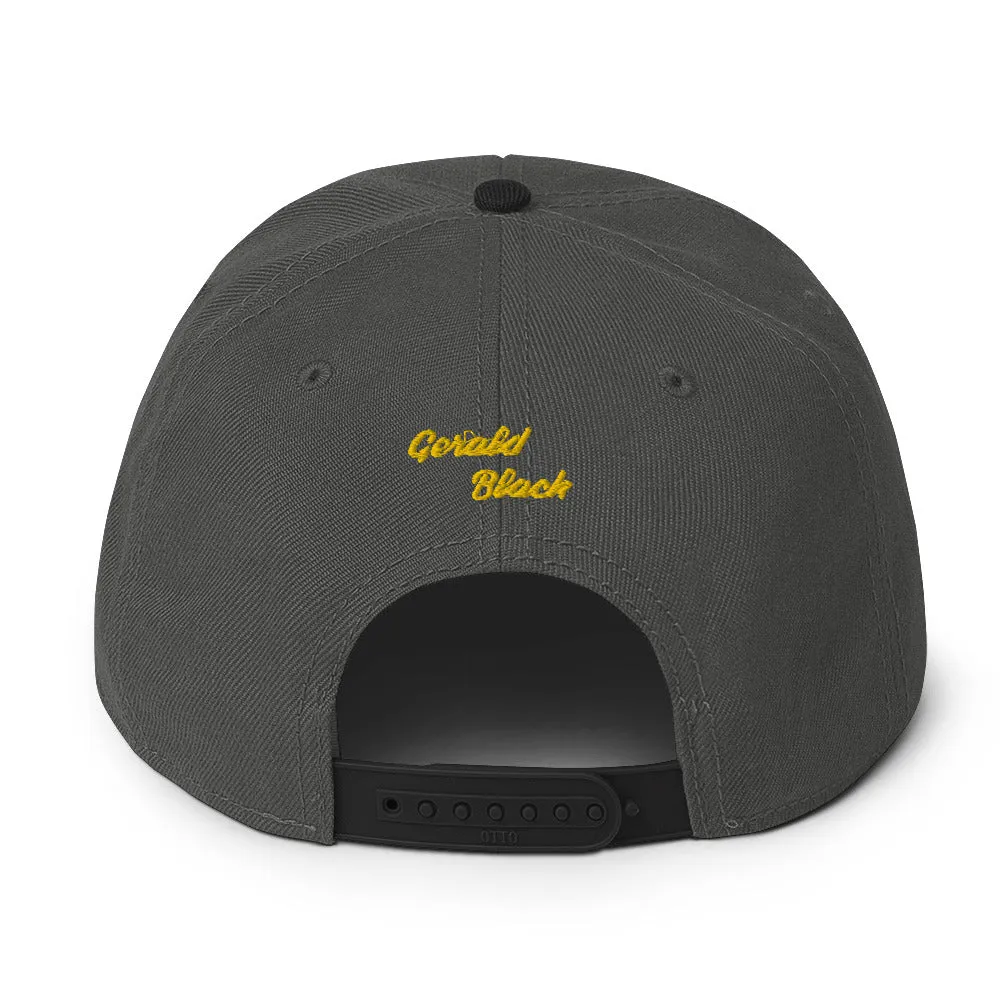 Gerald Black Snapback Unisex Hat with Flat Brim Yellow Trim