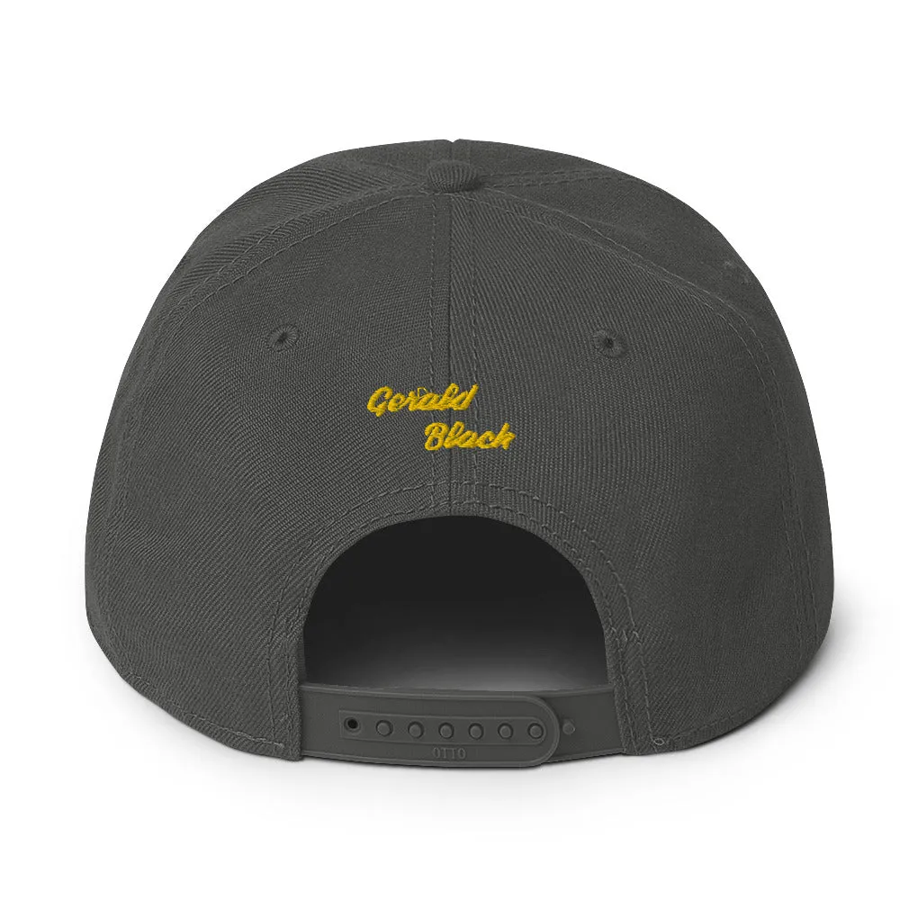 Gerald Black Snapback Unisex Hat with Flat Brim Yellow Trim