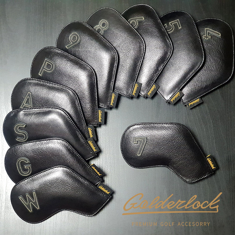 Goldenlock Black Golf Head Iron Covers Genuine Leather Gifts Accessory