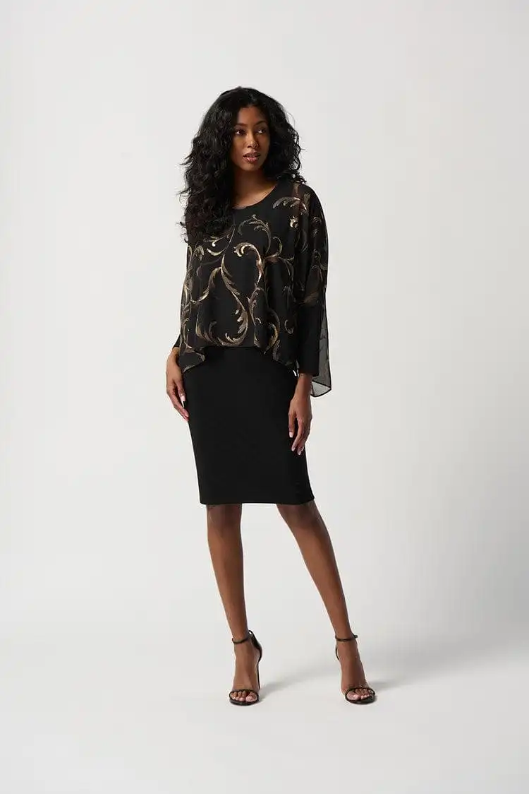 Joseph Ribkoff Silky Knit Dress With Foiled Chiffon Overlay - 234018