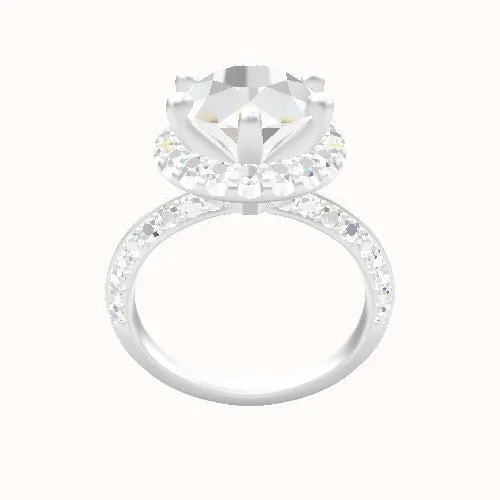 Knife Edge Double Row Pave Engagement Ring With Six Prong Halo Head