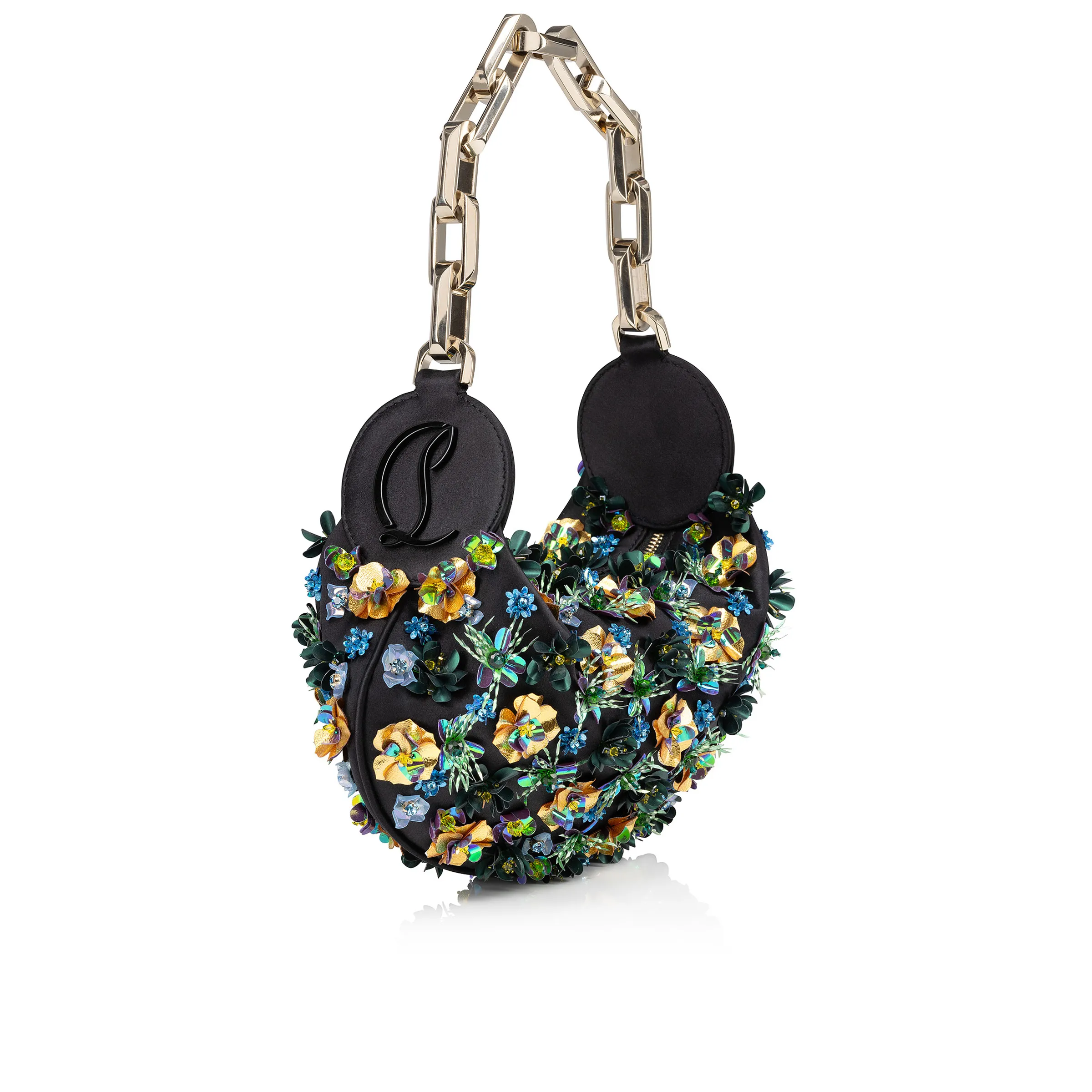 Le 54 Chain bag - Crepe satin and tropical embroidery - Black