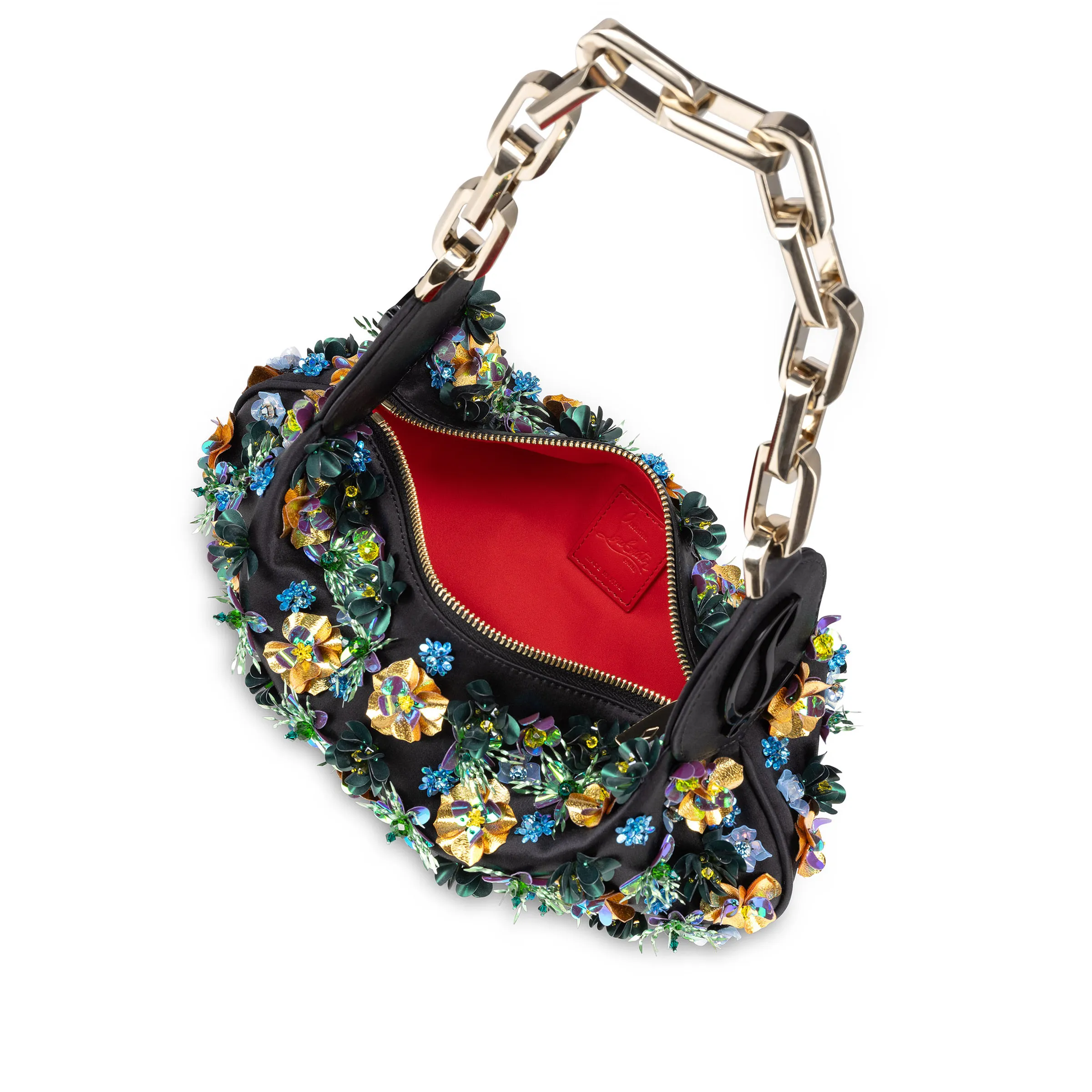 Le 54 Chain bag - Crepe satin and tropical embroidery - Black