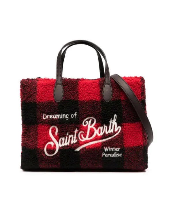 MC2 St. Barth Wool Leather Tote Handbag - Red/Black Check