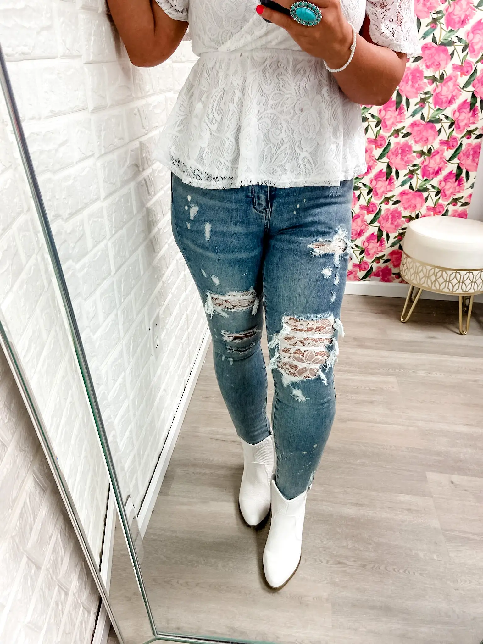 Mid-Rise Lace Patch Skinny Jeans