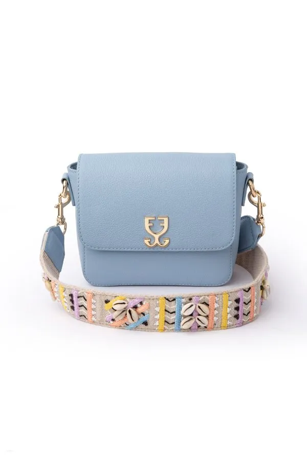 Mini Goblet Crossbody Leather – Stone Blue with Embroidered Strap