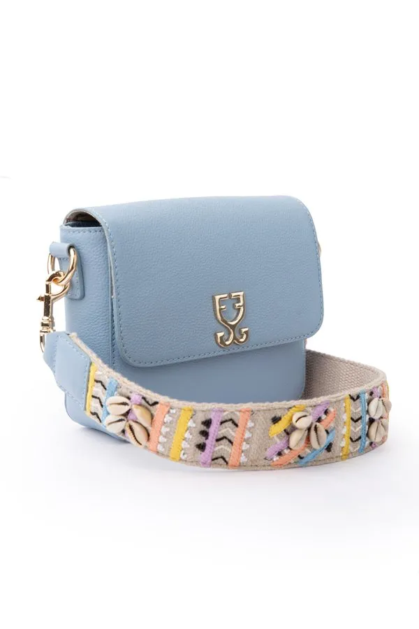 Mini Goblet Crossbody Leather – Stone Blue with Embroidered Strap