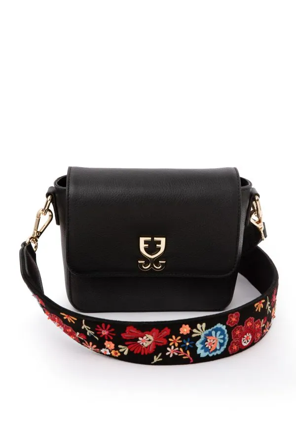 Mini Goblet Crossbody Vegan Leather :  Black With Embroidered Strap