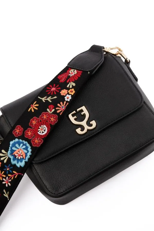 Mini Goblet Crossbody Vegan Leather :  Black With Embroidered Strap