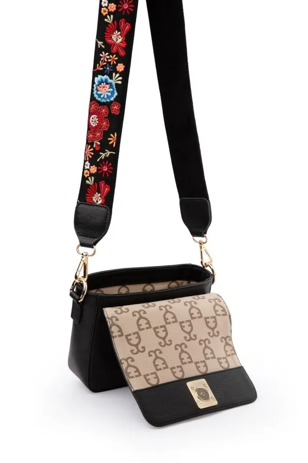 Mini Goblet Crossbody Vegan Leather :  Black With Embroidered Strap