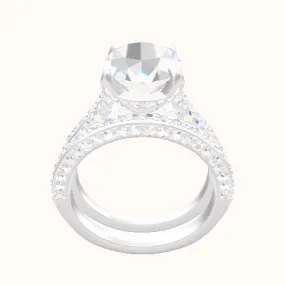 Petite Cathedral Three Row Engagement Ring With Pave Basket Head and Matching Band