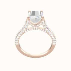 Petite Cathedral Three Row Engagement Ring With Pave Petal Four Prong Head