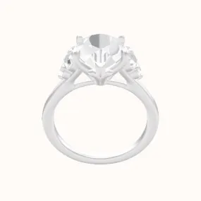 Plain Band with Round Sidestone Trio Engagement Ring With Petal Four Prong Head