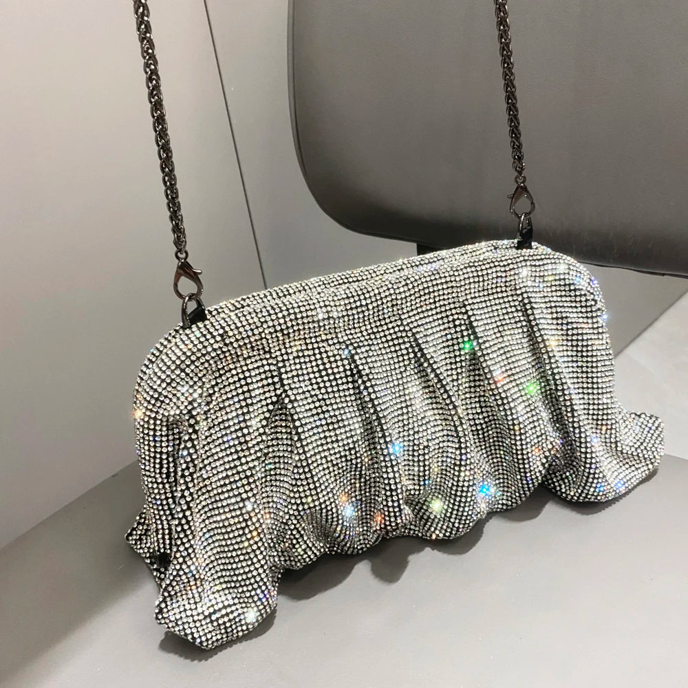 Shiny handle Rhinestones Handmade Evening Clutch Bags New Folds Purses And Handbags