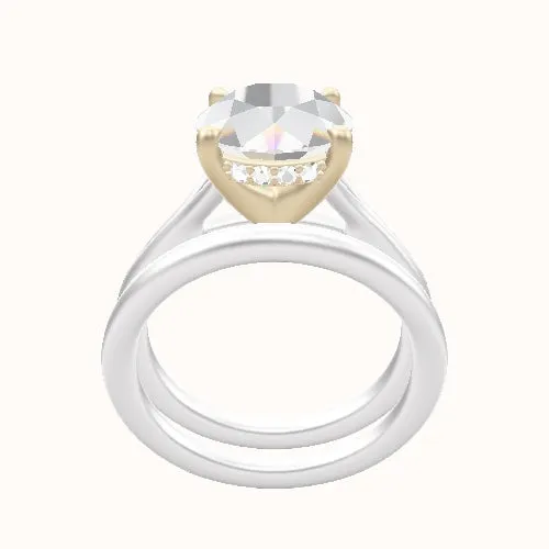 Split Cathedral Engagement Ring With V Prong with Hidden Halo Head and Matching Band