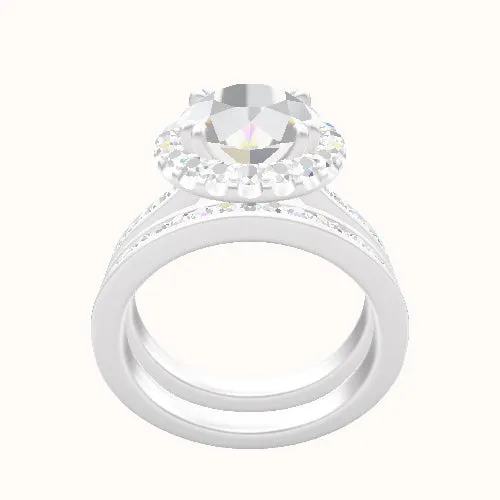 Tapered Channel Set Engagement Ring With Halo with Double Prong Head and Matching Band