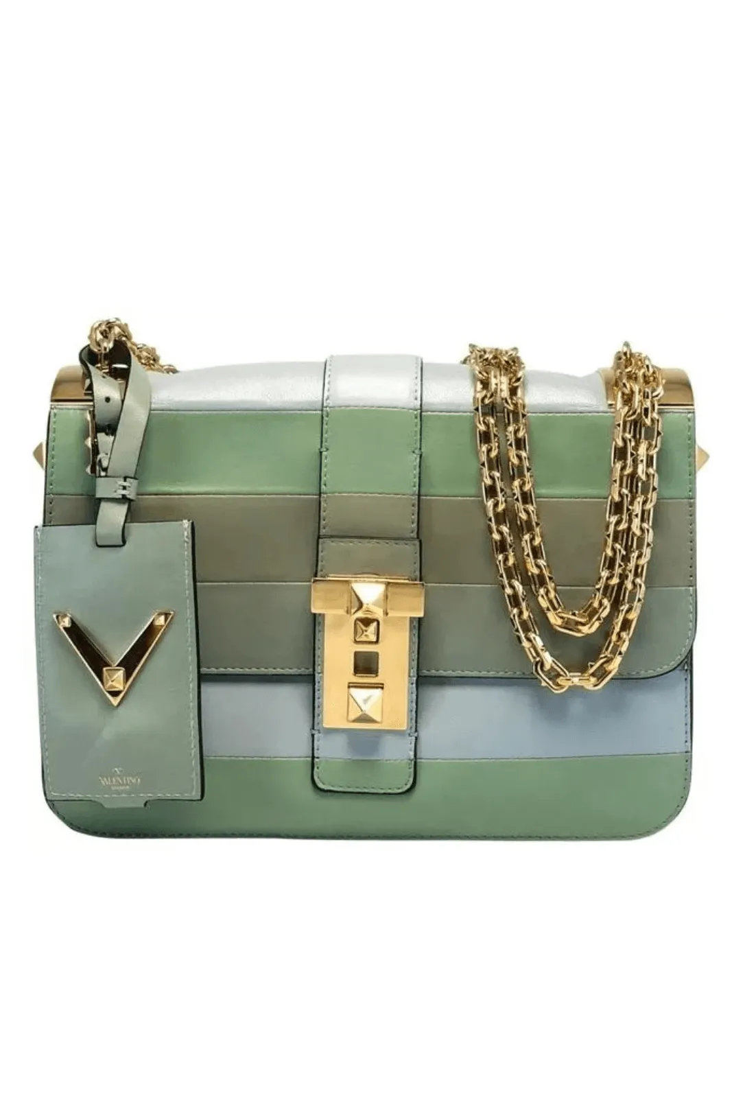 Valentino Garavani Rockstud Medium Striped Green Leather Shoulder Bag