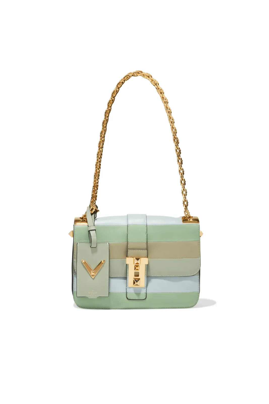 Valentino Garavani Rockstud Medium Striped Green Leather Shoulder Bag