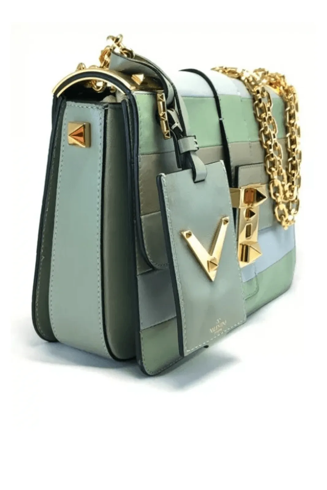 Valentino Garavani Rockstud Medium Striped Green Leather Shoulder Bag