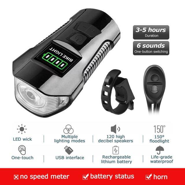 Waterproof Bicycle Light USB Charging Bike Front Light Flashlight Handlebar Cycling Head Light w/ Horn Speed Meter LCD